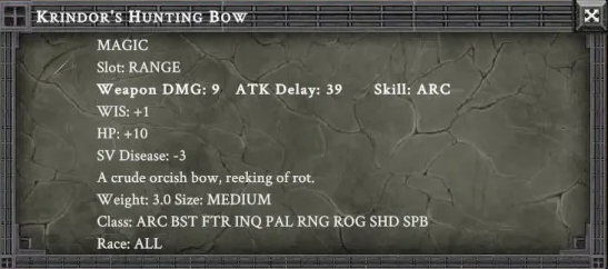 KRINDOR'S HUNTING BOW in-game item card